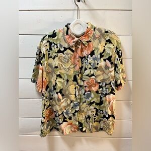 MODA PETITE Vintage Floral Short Sleeve Button-Up Blouse – Size 16P – Multicolor